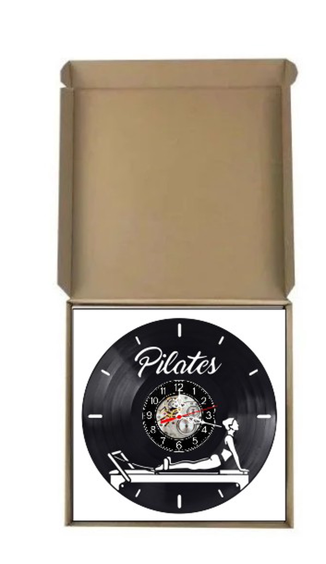 Ceas de perete decorativ realizat din disc de vinil, Model Pilates Calligraphy Aparat Reformer Instructori Fitness, Negr - casă & stil de viață - decorațiuni de casă - decorațiuni de pereți - ceasuri de perete - Artynos.ro