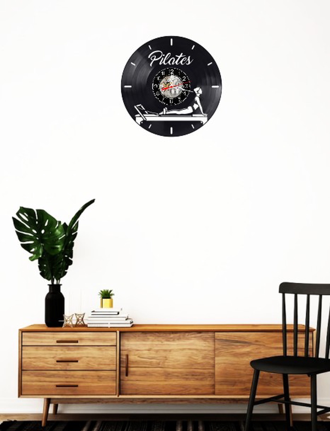 Ceas de perete decorativ realizat din disc de vinil, Model Pilates Calligraphy Aparat Reformer Instructori Fitness, Negr - casă & stil de viață - decorațiuni de casă - decorațiuni de pereți - ceasuri de perete - Artynos.ro