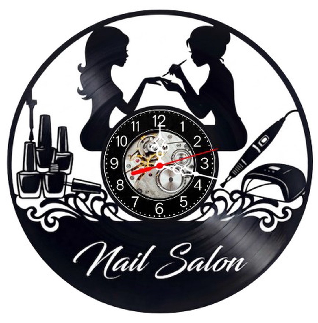 Ceas de perete decorativ realizat din disc de vinil, Model Salon Manichiura Nail Salon Tehnician Unghii, Negru, 30 cm - casă & stil de viață - decorațiuni de casă - decorațiuni de pereți - ceasuri de perete - Artynos.ro