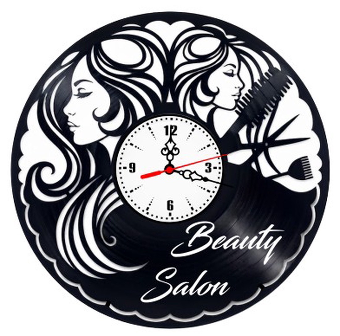 Ceas de perete decorativ realizat din disc de vinil, Model Salon Infrumusetare Beauty Salon Coafor Hair Stylist, Negru,  - casă & stil de viață - decorațiuni de casă - decorațiuni de pereți - ceasuri de perete - Artynos.ro