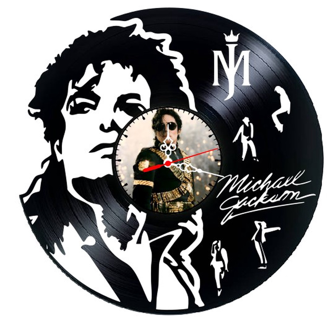 Ceas de perete decorativ realizat din disc de vinil, Model Michael Jackson King of Pop Monograma Semnatura, Negru, 30 cm - casă & stil de viață - decorațiuni de casă - decorațiuni de pereți - ceasuri de perete - Artynos.ro