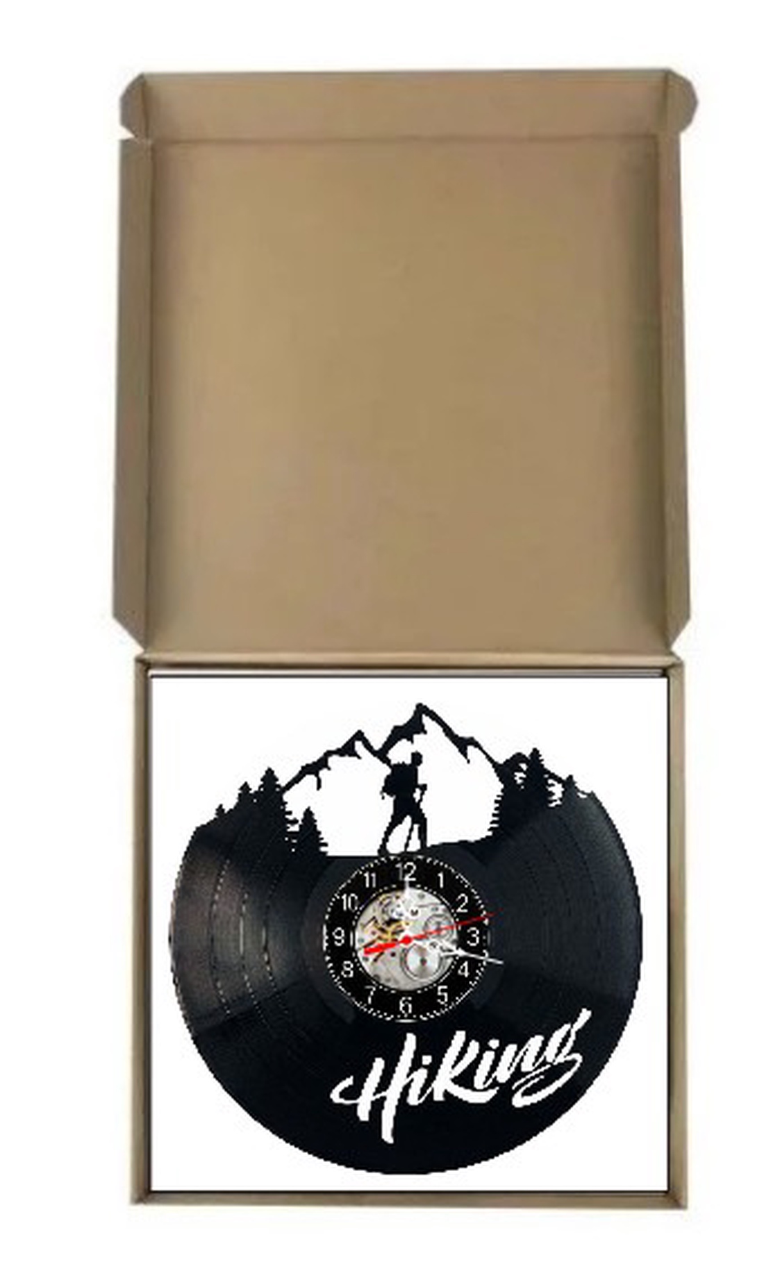 Ceas de perete decorativ realizat din disc de vinil, Model Drumetie Munte Hiking Rucsacar Natura, Negru, 30 cm - casă & stil de viață - decorațiuni de casă - decorațiuni de pereți - ceasuri de perete - Artynos.ro