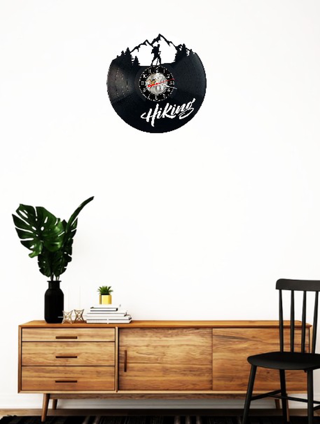 Ceas de perete decorativ realizat din disc de vinil, Model Drumetie Munte Hiking Rucsacar Natura, Negru, 30 cm - casă & stil de viață - decorațiuni de casă - decorațiuni de pereți - ceasuri de perete - Artynos.ro