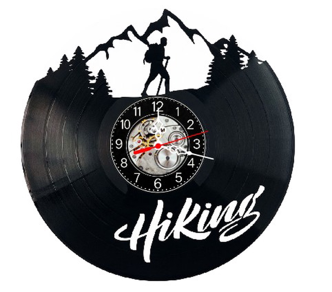 Ceas de perete decorativ realizat din disc de vinil, Model Drumetie Munte Hiking Rucsacar Natura, Negru, 30 cm - casă & stil de viață - decorațiuni de casă - decorațiuni de pereți - ceasuri de perete - Artynos.ro