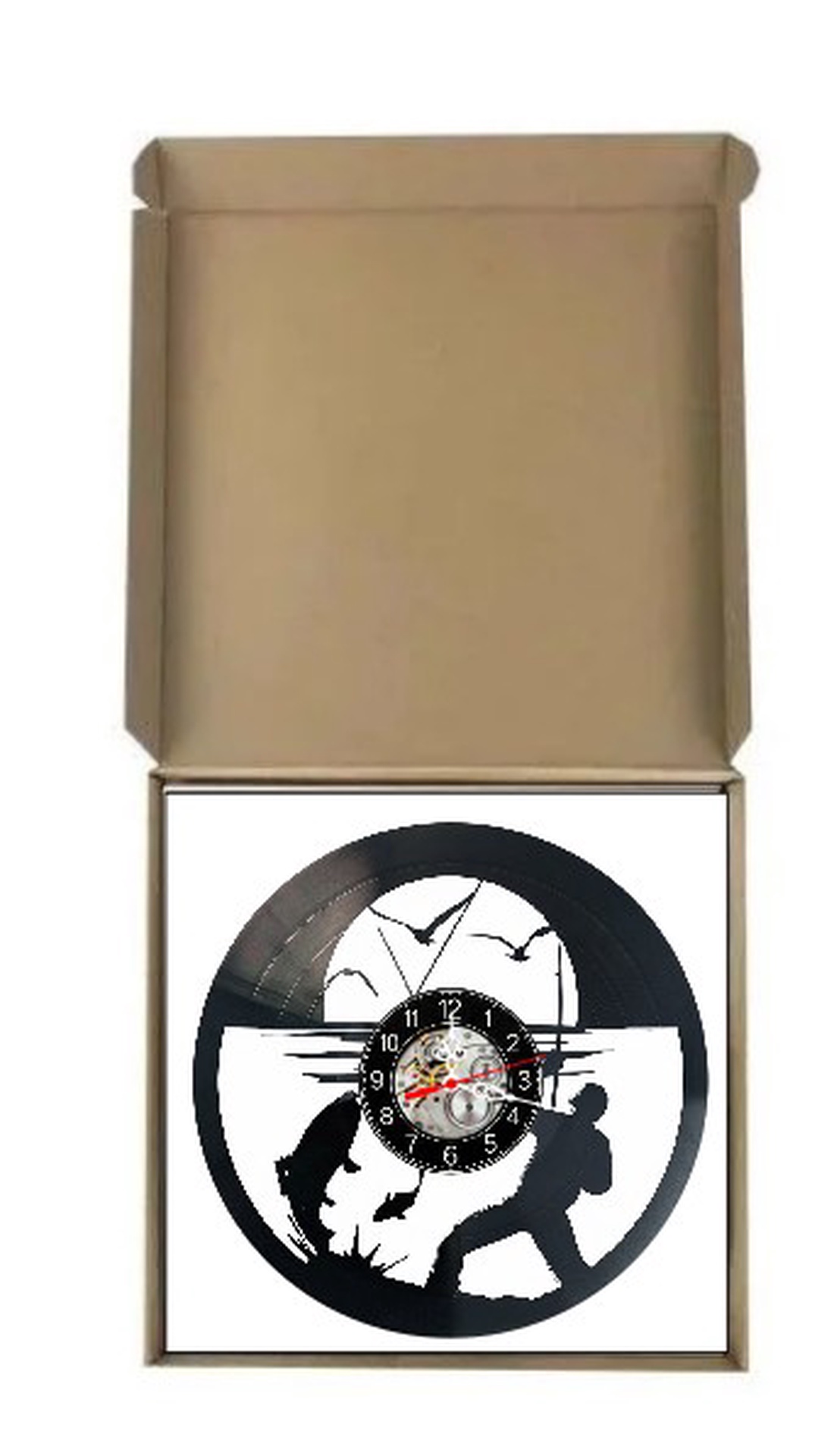 Ceas de perete decorativ realizat din disc de vinil, Model Pescuit Pescar Pește Captură și Apus, Negru, 30 cm - casă & stil de viață - decorațiuni de casă - decorațiuni de pereți - ceasuri de perete - Artynos.ro