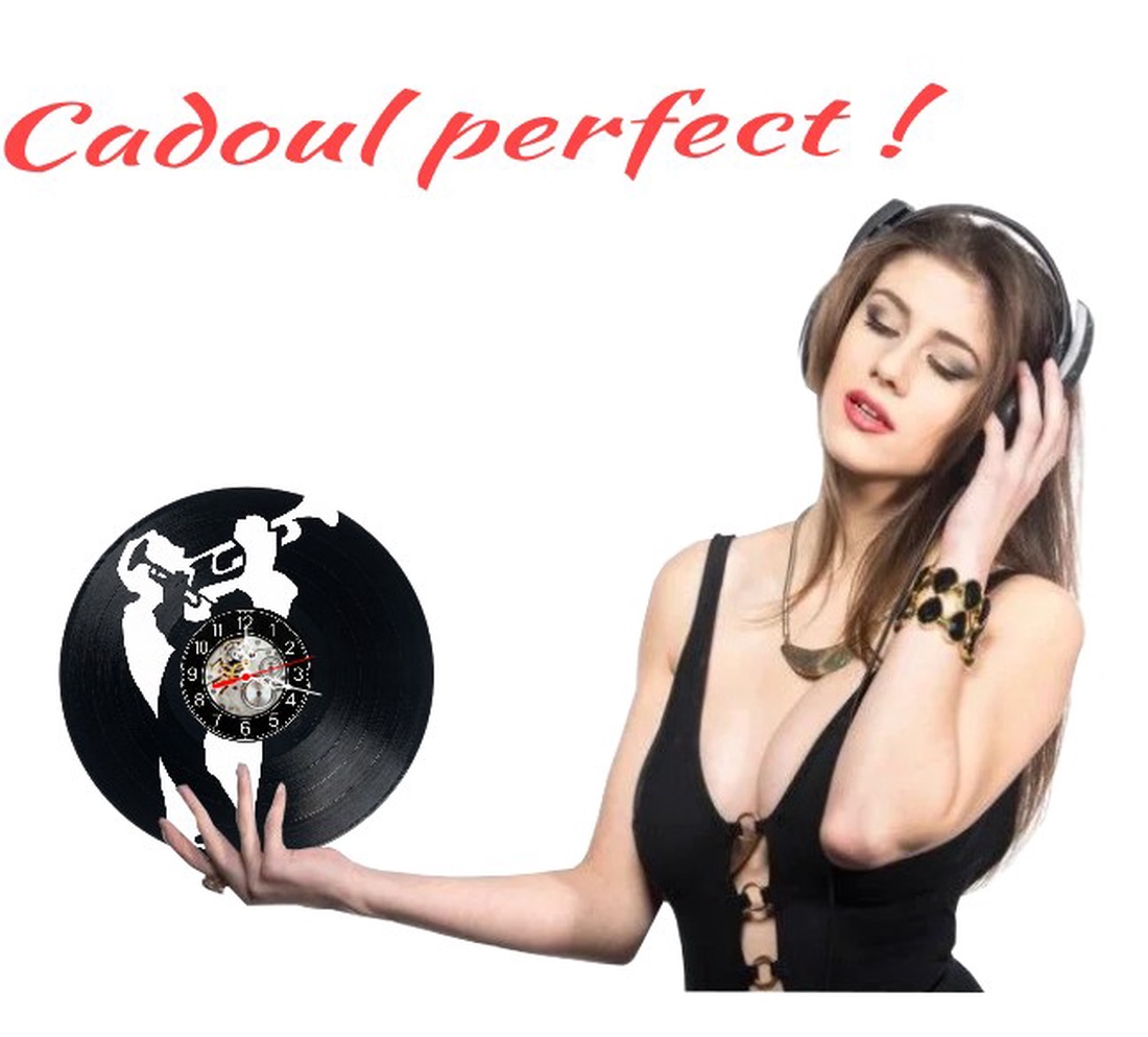 Ceas de perete decorativ realizat din disc de vinil, Model Jazz Muzician Trompeta Blues, Negru, 30 cm - casă & stil de viață - decorațiuni de casă - decorațiuni de pereți - ceasuri de perete - Artynos.ro