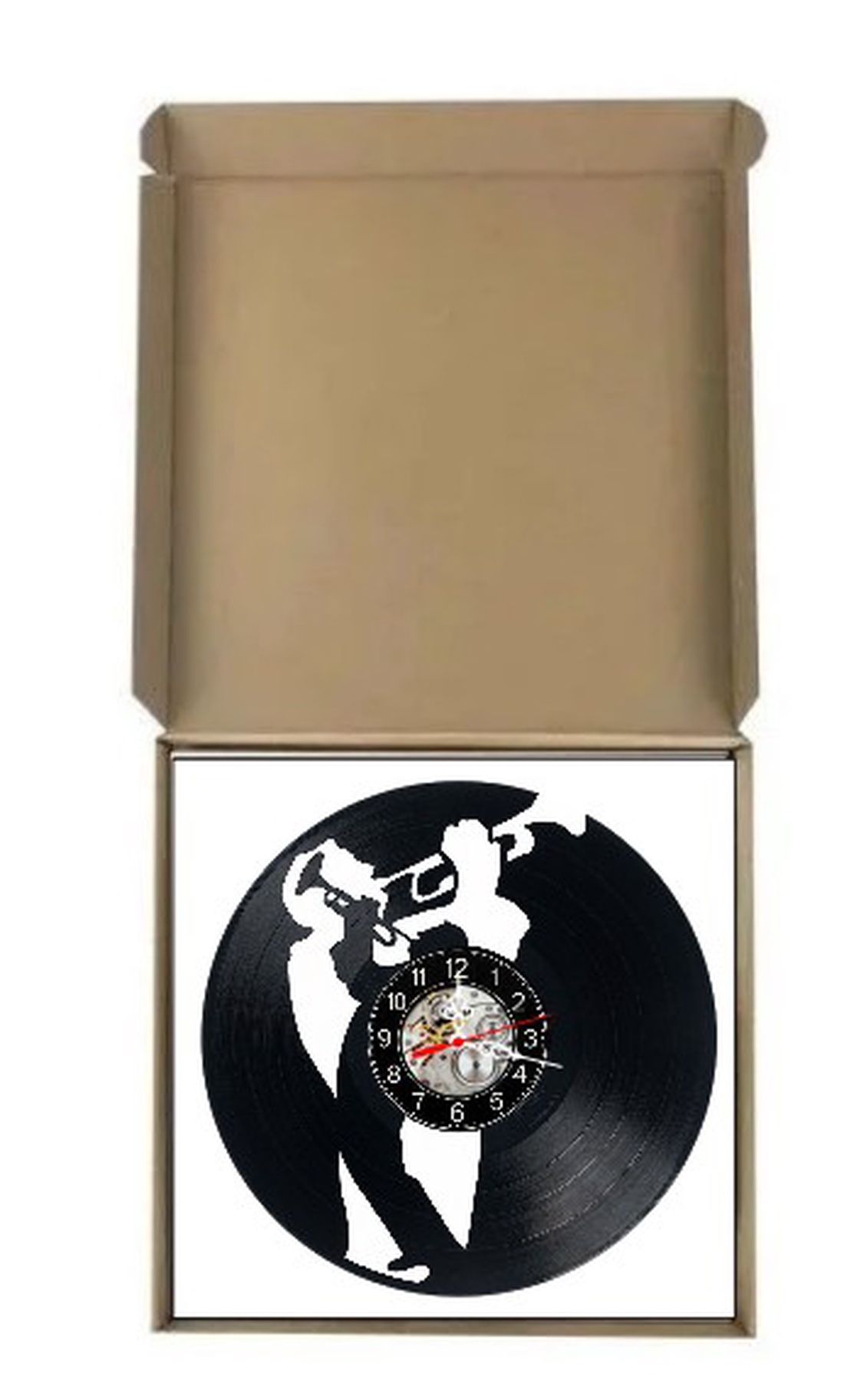 Ceas de perete decorativ realizat din disc de vinil, Model Jazz Muzician Trompeta Blues, Negru, 30 cm - casă & stil de viață - decorațiuni de casă - decorațiuni de pereți - ceasuri de perete - Artynos.ro
