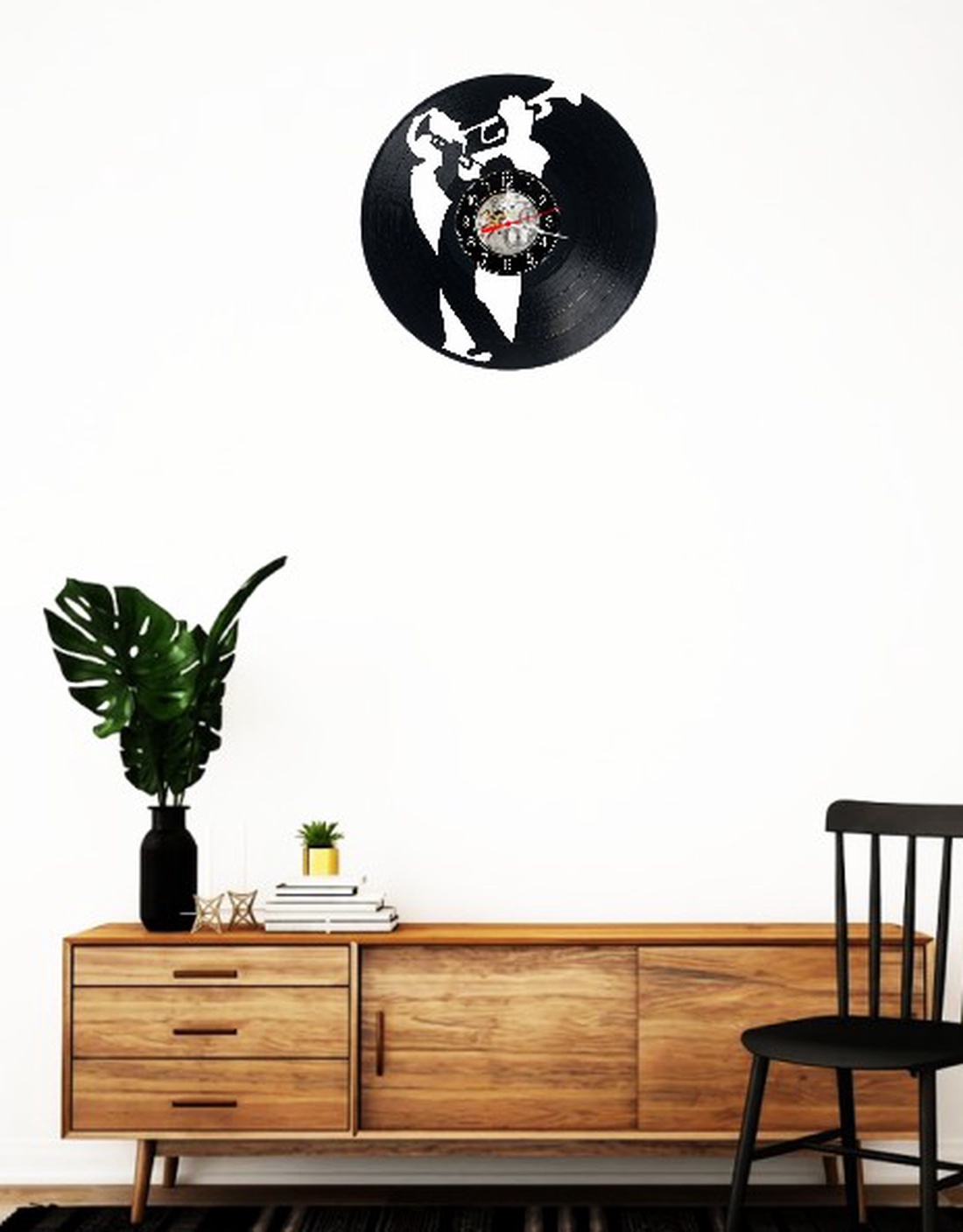 Ceas de perete decorativ realizat din disc de vinil, Model Jazz Muzician Trompeta Blues, Negru, 30 cm - casă & stil de viață - decorațiuni de casă - decorațiuni de pereți - ceasuri de perete - Artynos.ro