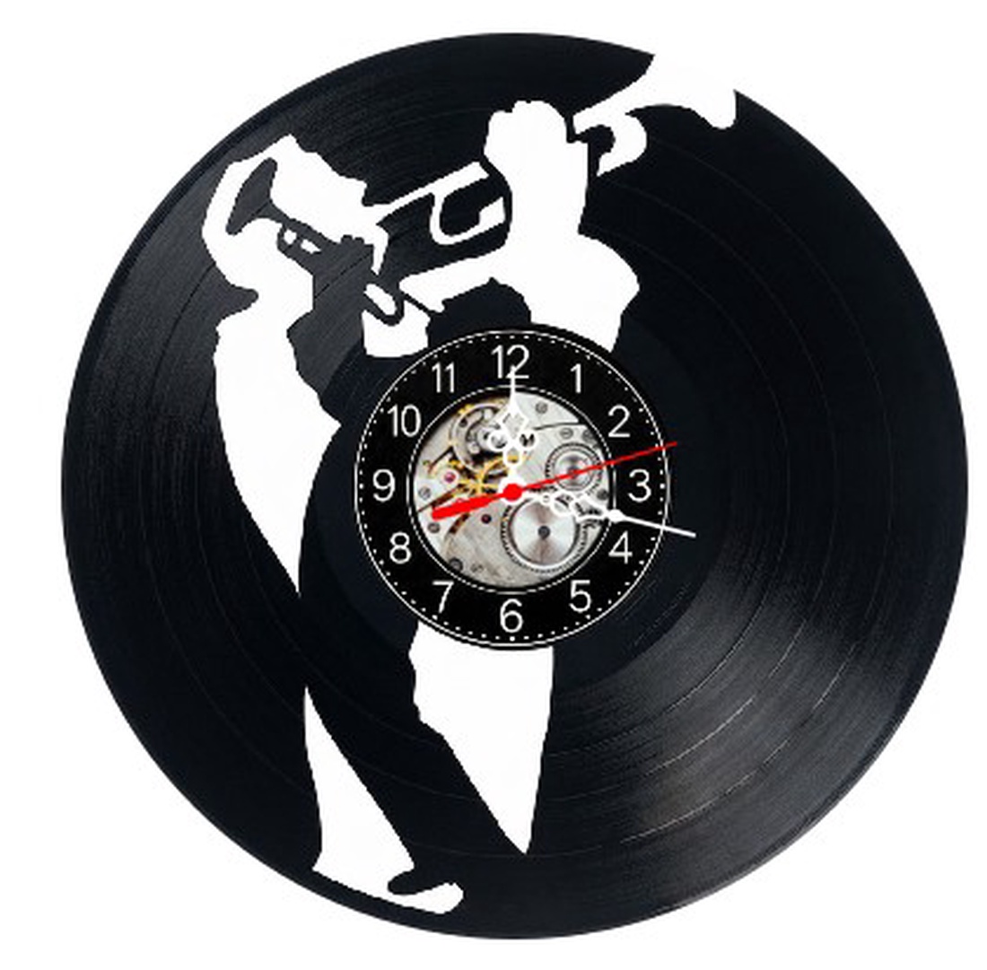 Ceas de perete decorativ realizat din disc de vinil, Model Jazz Muzician Trompeta Blues, Negru, 30 cm - casă & stil de viață - decorațiuni de casă - decorațiuni de pereți - ceasuri de perete - Artynos.ro