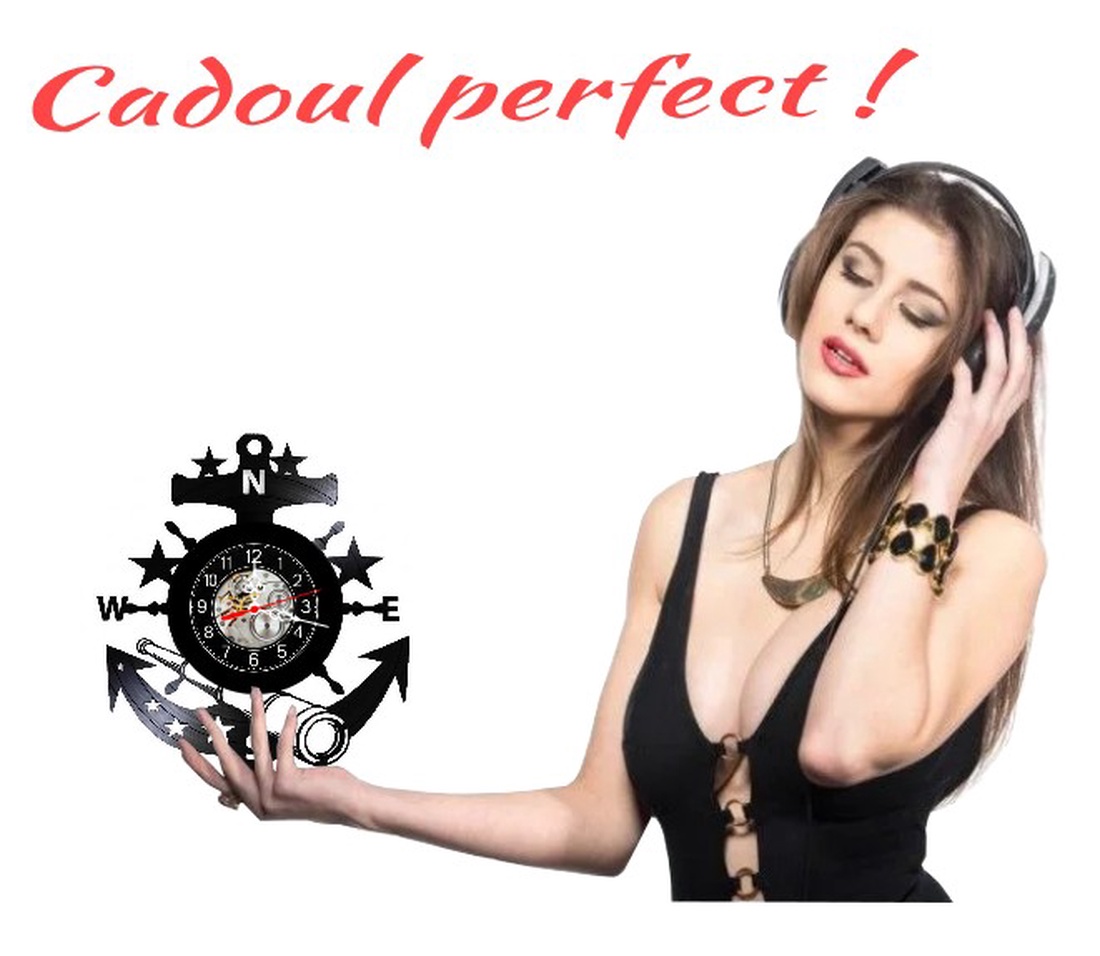 Ceas de perete decorativ realizat din disc de vinil, Model Ancoră Maritimă Cârmă Ochean Nautic, Negru, 30 cm - casă & stil de viață - decorațiuni de casă - decorațiuni de pereți - ceasuri de perete - Artynos.ro