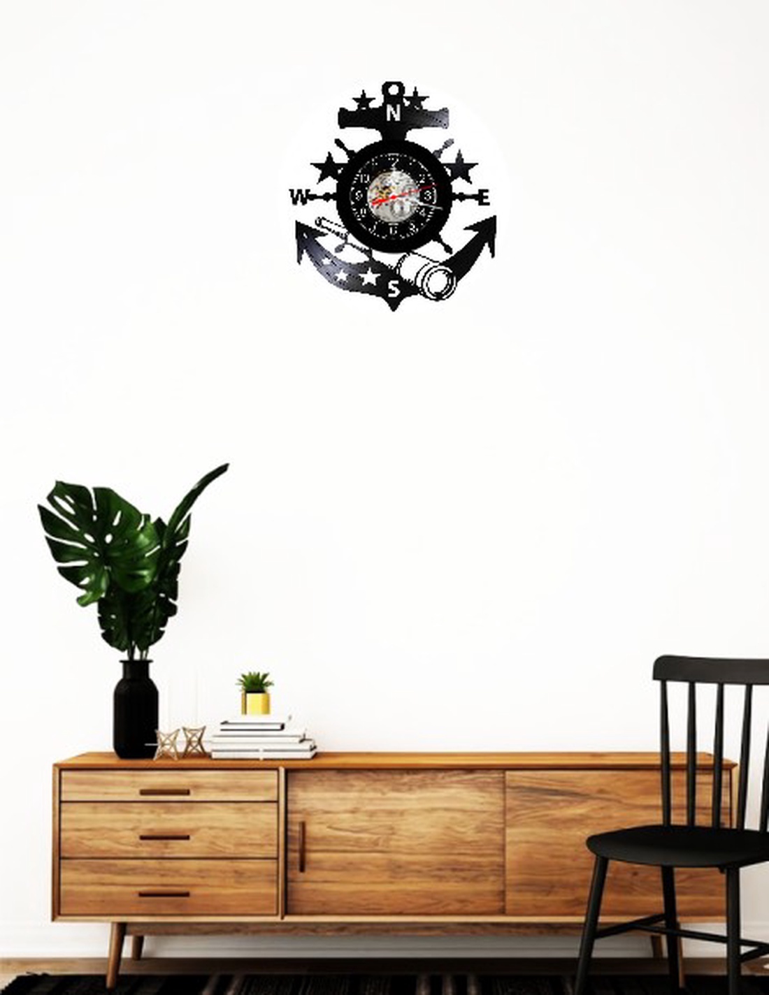 Ceas de perete decorativ realizat din disc de vinil, Model Ancoră Maritimă Cârmă Ochean Nautic, Negru, 30 cm - casă & stil de viață - decorațiuni de casă - decorațiuni de pereți - ceasuri de perete - Artynos.ro