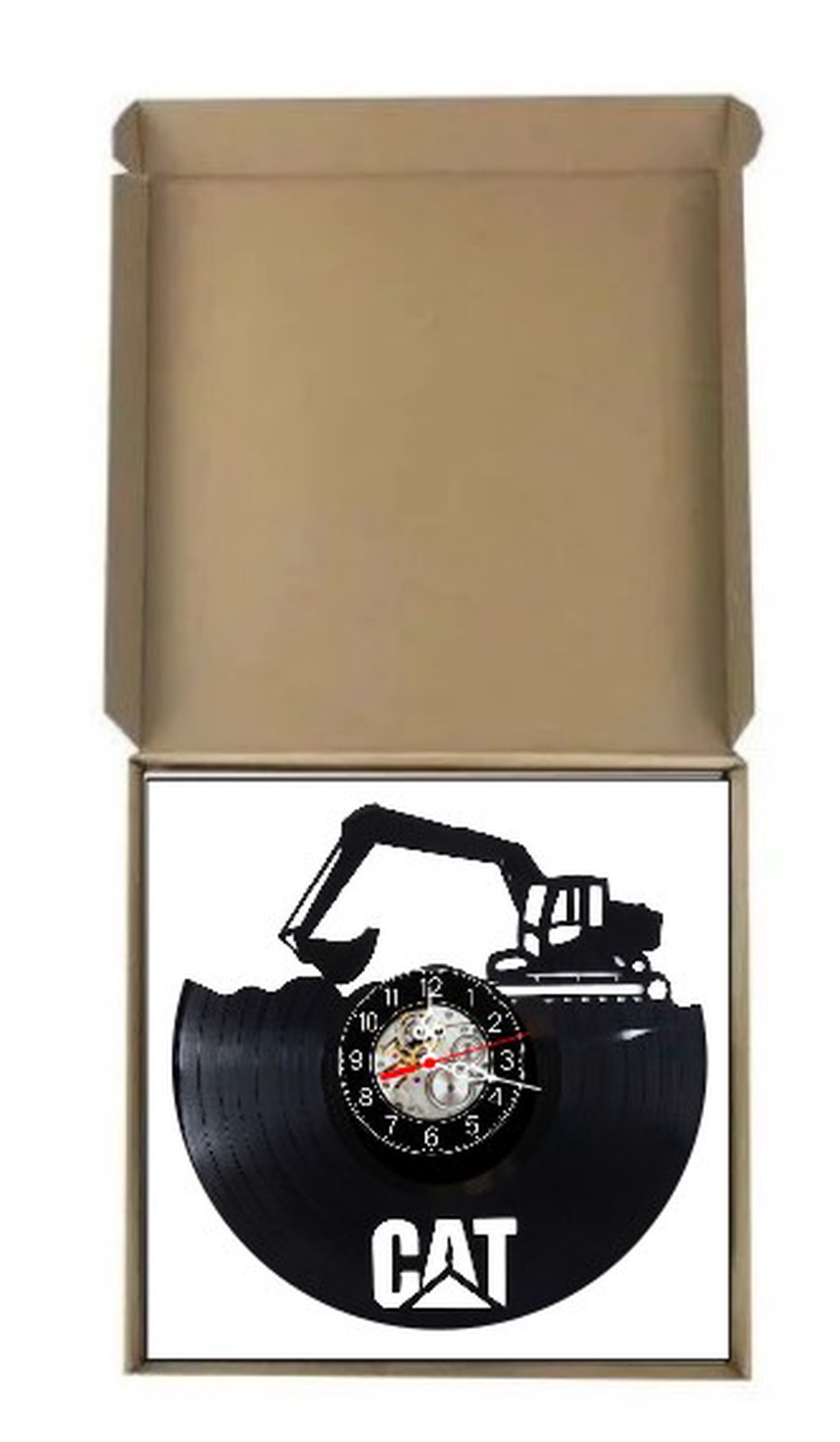 Ceas de perete decorativ realizat din disc de vinil, Model Excavator CAT Utilaje Constructii, Negru, 30 cm - casă & stil de viață - decorațiuni de casă - decorațiuni de pereți - ceasuri de perete - Artynos.ro