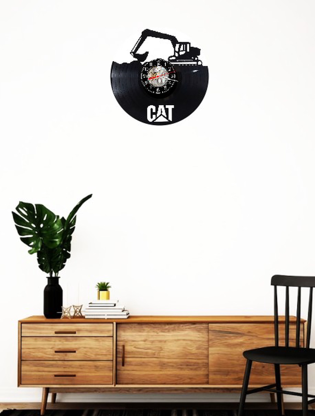 Ceas de perete decorativ realizat din disc de vinil, Model Excavator CAT Utilaje Constructii, Negru, 30 cm - casă & stil de viață - decorațiuni de casă - decorațiuni de pereți - ceasuri de perete - Artynos.ro