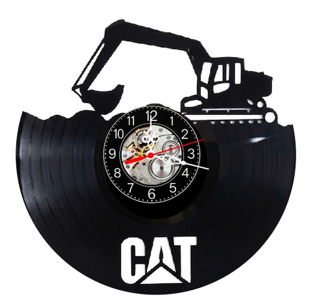 Ceas de perete decorativ realizat din disc de vinil, Model Excavator CAT Utilaje Constructii, Negru, 30 cm - casă & stil de viață - decorațiuni de casă - decorațiuni de pereți - ceasuri de perete - Artynos.ro