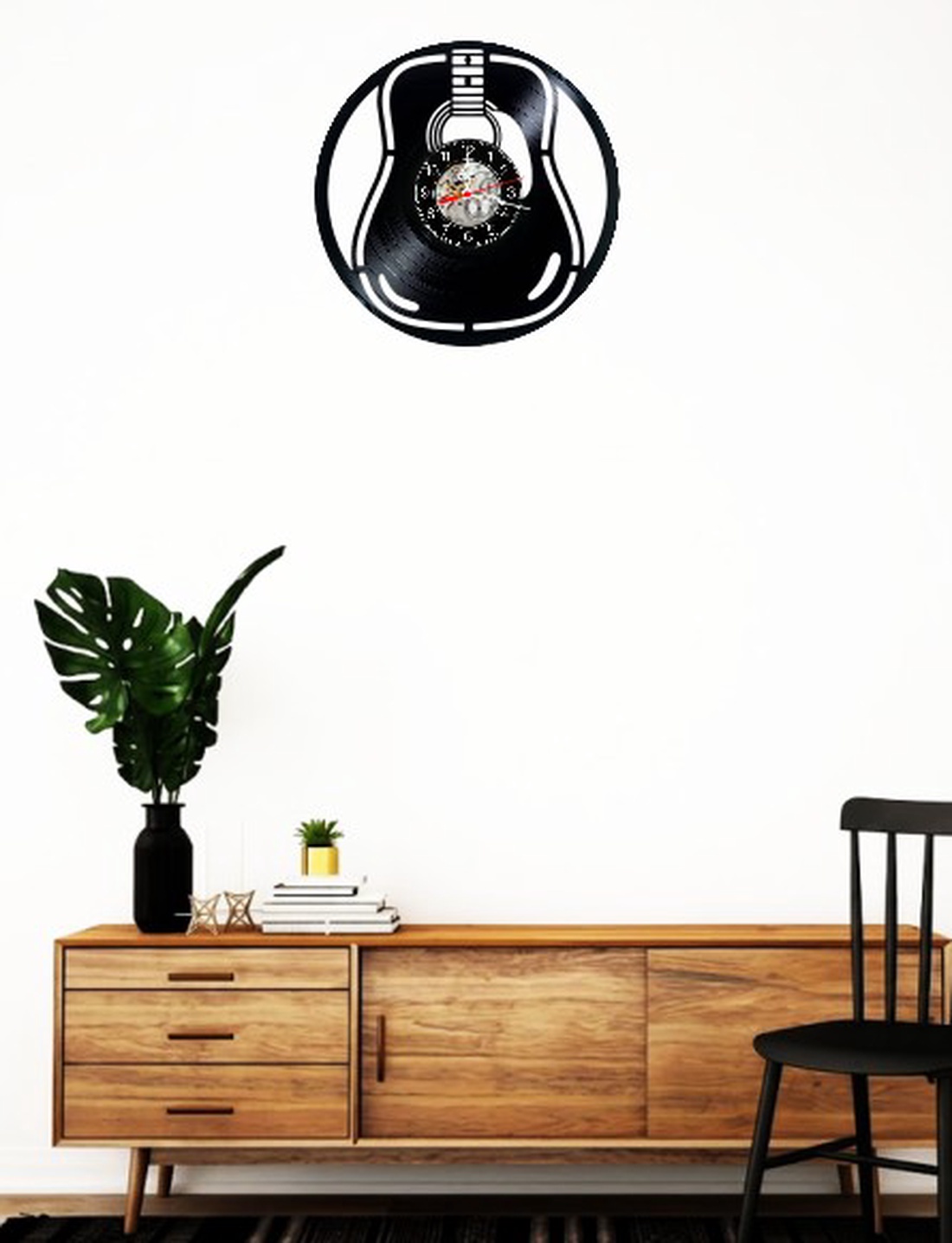 Ceas de perete decorativ realizat din disc de vinil, Model Chitara Acustica Muzica Instrument, Negru, 30 cm - casă & stil de viață - decorațiuni de casă - decorațiuni de pereți - ceasuri de perete - Artynos.ro