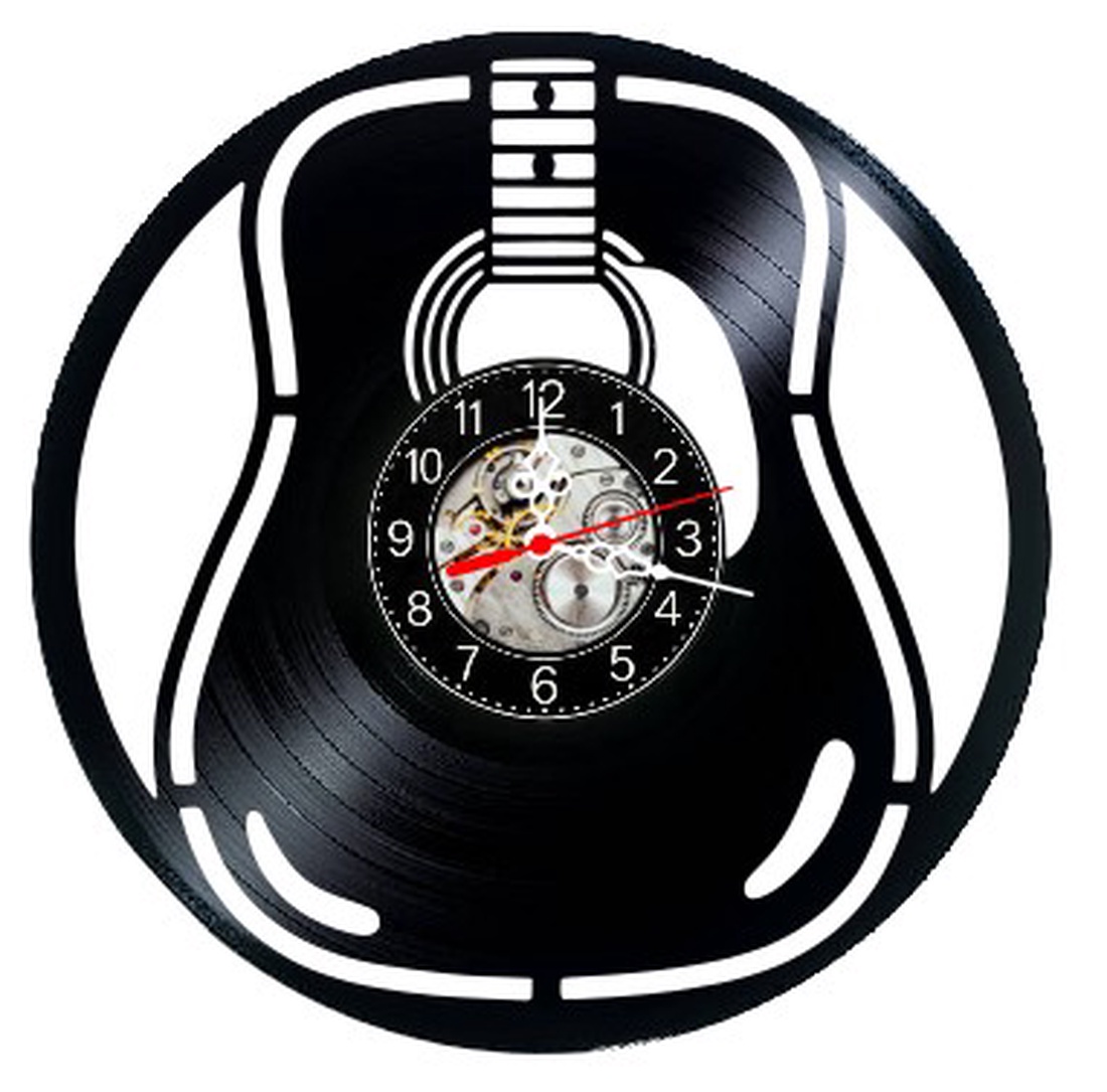 Ceas de perete decorativ realizat din disc de vinil, Model Chitara Acustica Muzica Instrument, Negru, 30 cm - casă & stil de viață - decorațiuni de casă - decorațiuni de pereți - ceasuri de perete - Artynos.ro