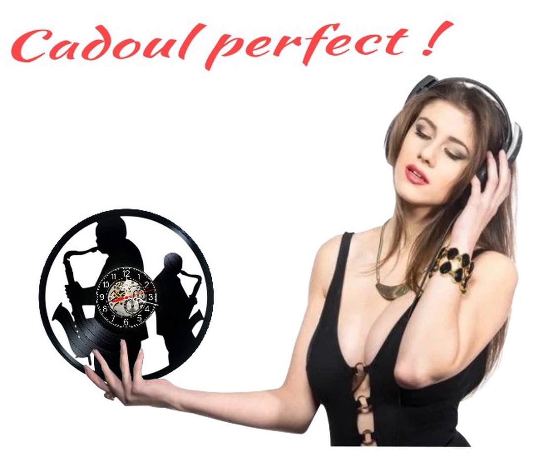 Ceas de perete decorativ realizat din disc de vinil, Model Muzicieni Saxofon Jazz Blues Duo, Negru, 30 cm - casă & stil de viață - decorațiuni de casă - decorațiuni de pereți - ceasuri de perete - Artynos.ro