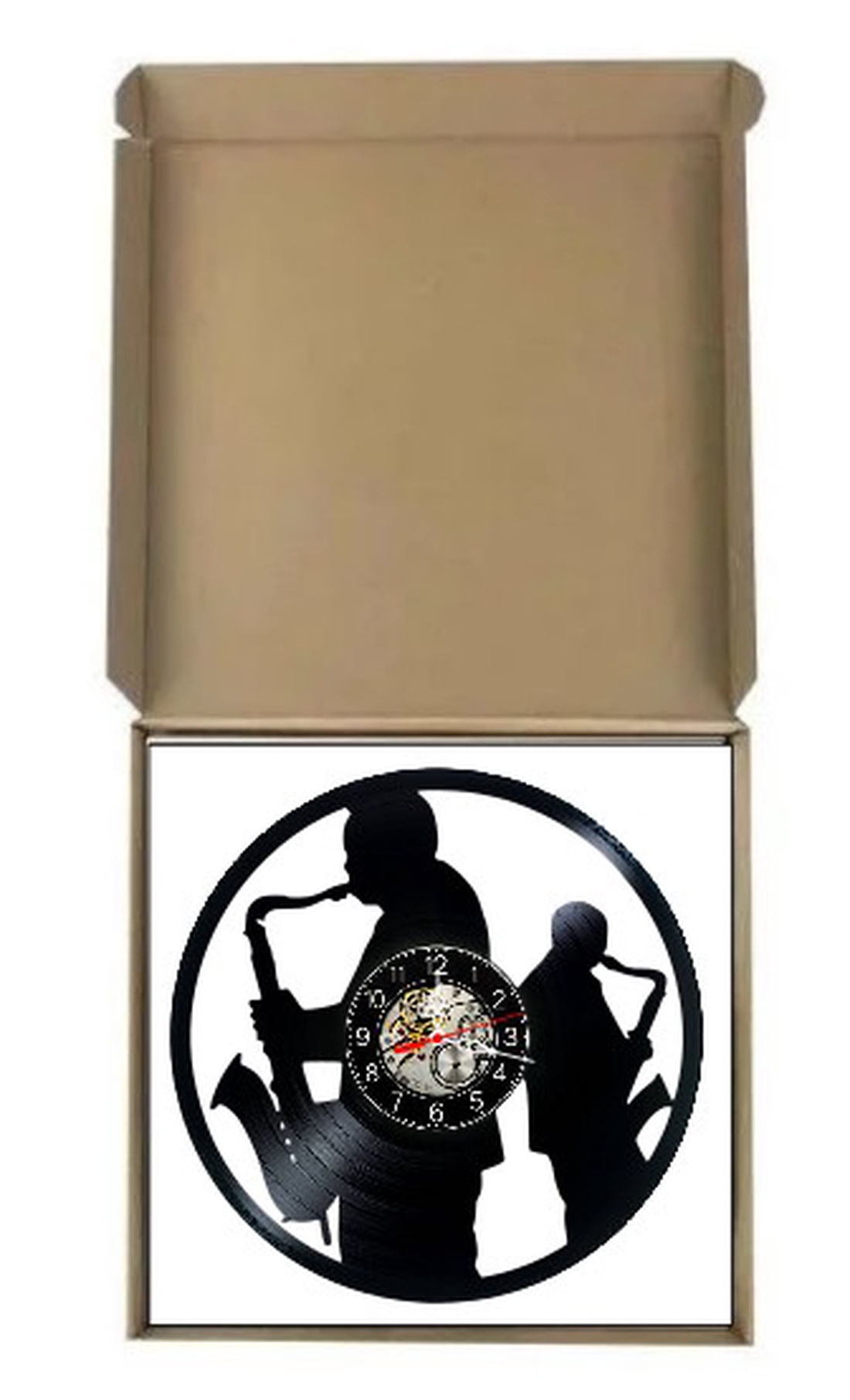 Ceas de perete decorativ realizat din disc de vinil, Model Muzicieni Saxofon Jazz Blues Duo, Negru, 30 cm - casă & stil de viață - decorațiuni de casă - decorațiuni de pereți - ceasuri de perete - Artynos.ro