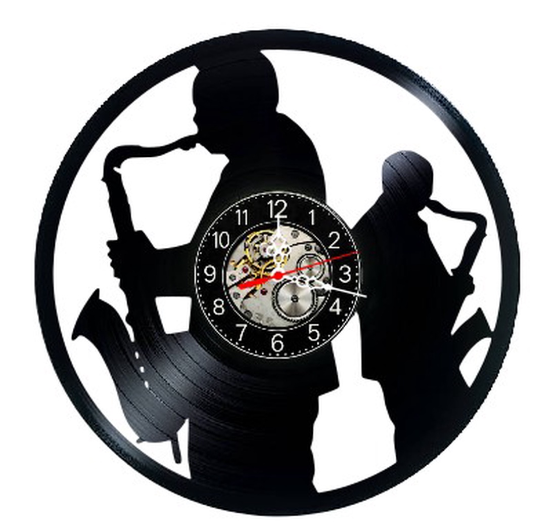Ceas de perete decorativ realizat din disc de vinil, Model Muzicieni Saxofon Jazz Blues Duo, Negru, 30 cm - casă & stil de viață - decorațiuni de casă - decorațiuni de pereți - ceasuri de perete - Artynos.ro