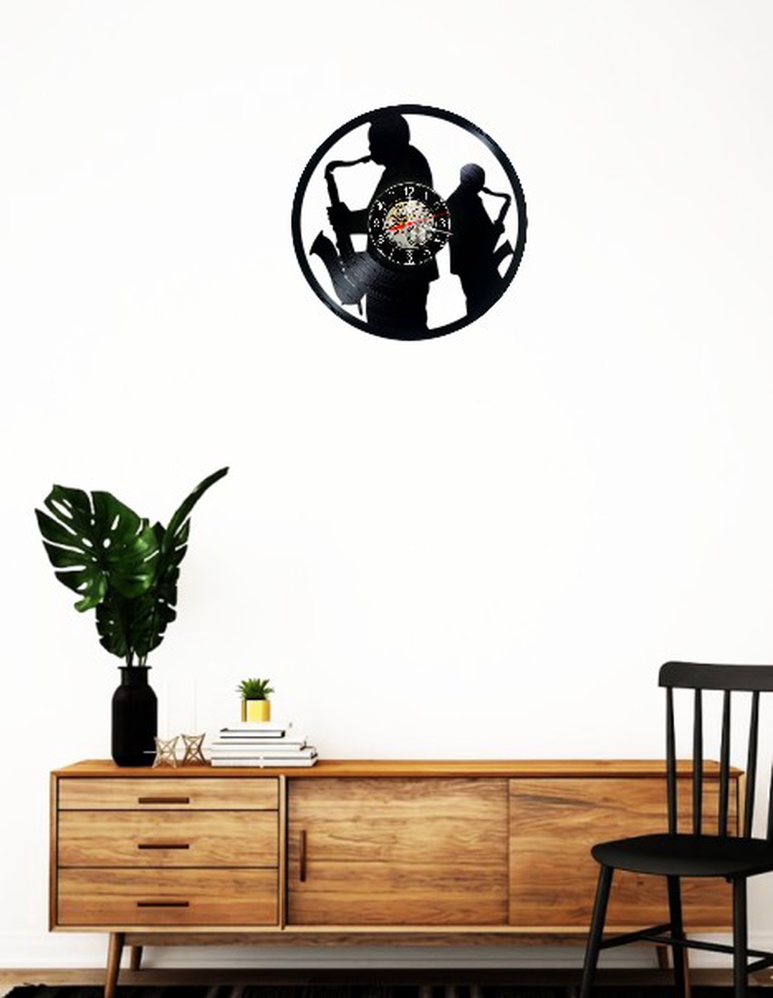 Ceas de perete decorativ realizat din disc de vinil, Model Muzicieni Saxofon Jazz Blues Duo, Negru, 30 cm - casă & stil de viață - decorațiuni de casă - decorațiuni de pereți - ceasuri de perete - Artynos.ro