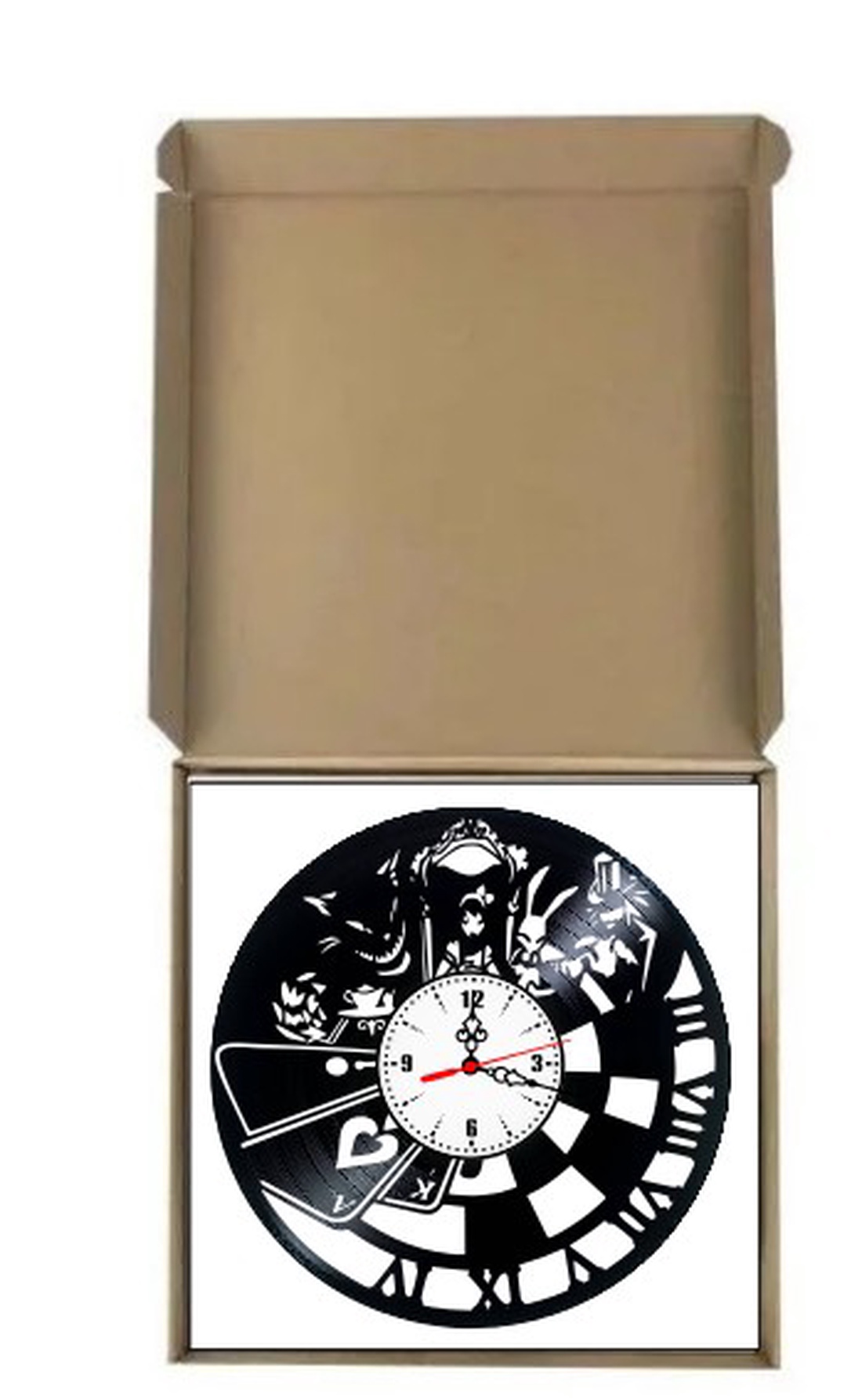 Ceas de perete decorativ realizat din disc de vinil, Model Alice in Tara Minunilor Cadran Alb Vintage, Negru, 30 cm - casă & stil de viață - decorațiuni de casă - decorațiuni de pereți - ceasuri de perete - Artynos.ro