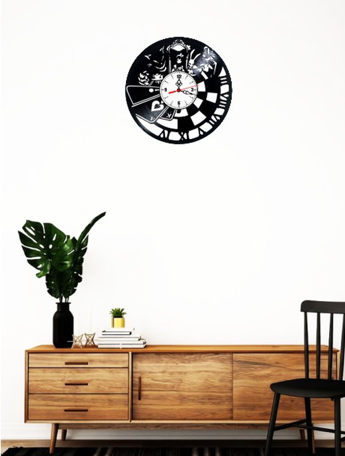 Ceas de perete decorativ realizat din disc de vinil, Model Alice in Tara Minunilor Cadran Alb Vintage, Negru, 30 cm - casă & stil de viață - decorațiuni de casă - decorațiuni de pereți - ceasuri de perete - Artynos.ro