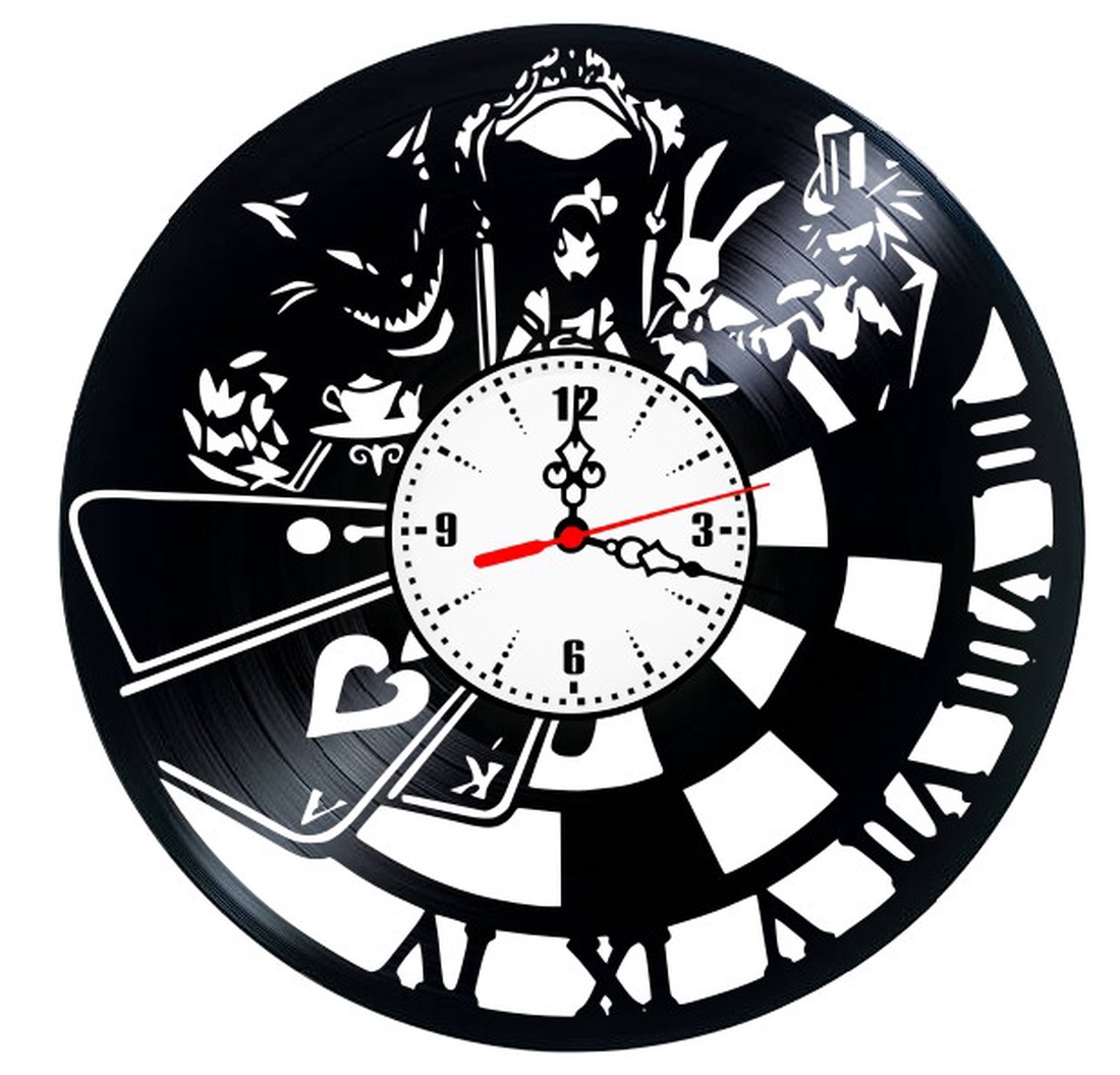 Ceas de perete decorativ realizat din disc de vinil, Model Alice in Tara Minunilor Cadran Alb Vintage, Negru, 30 cm - casă & stil de viață - decorațiuni de casă - decorațiuni de pereți - ceasuri de perete - Artynos.ro