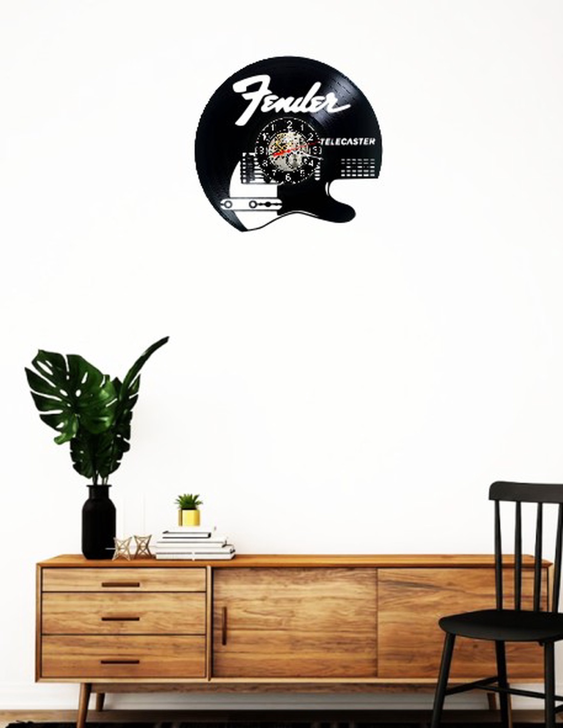 Ceas de perete decorativ realizat din disc de vinil, Model Chitara Fender Telecaster Muzica Rock, Negru, 30 cm - casă & stil de viață - decorațiuni de casă - decorațiuni de pereți - ceasuri de perete - Artynos.ro