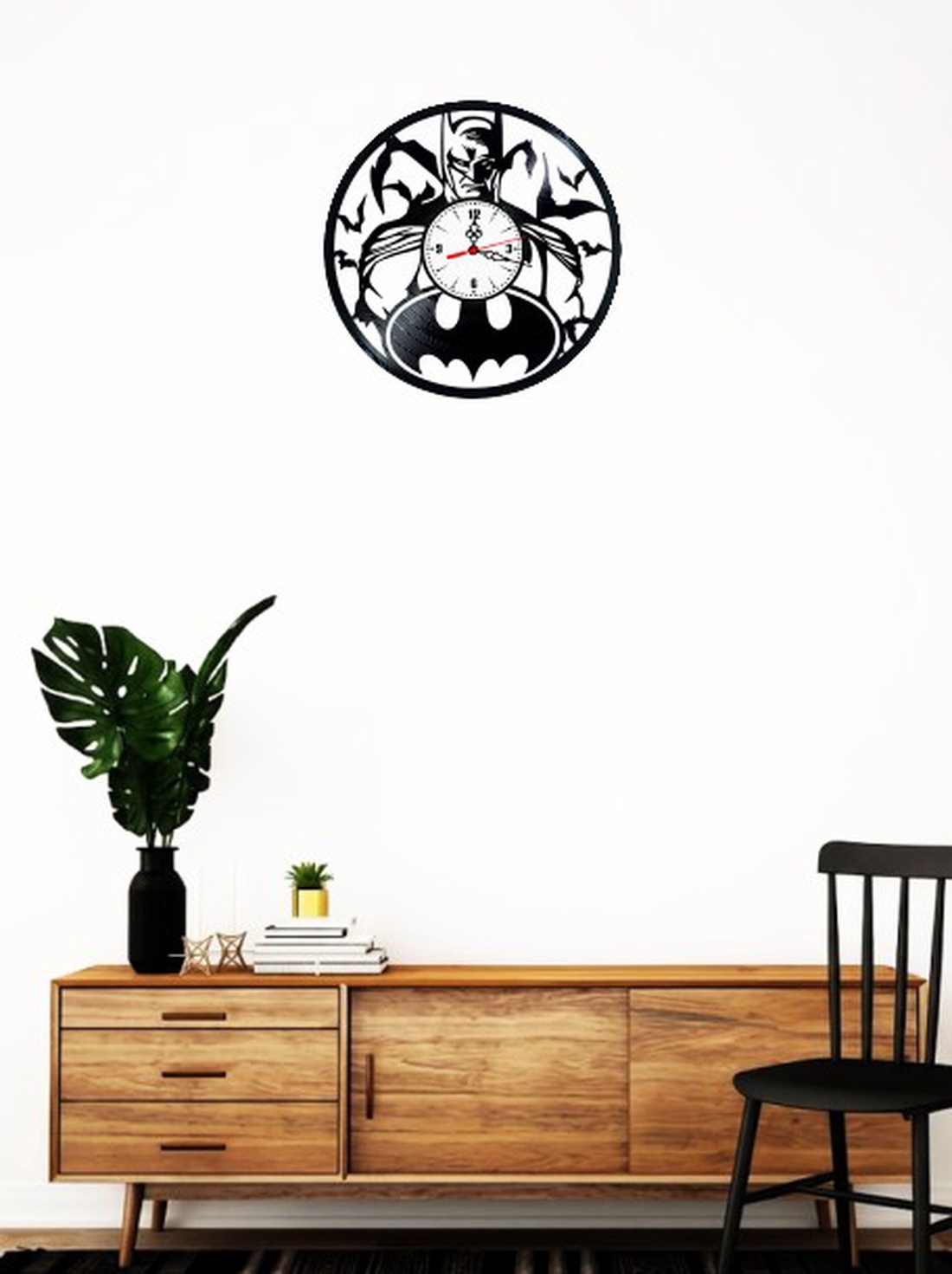 Ceas de perete decorativ realizat din disc de vinil, Model Batman Cavalerul Negru Emblema Liliac, Negru, 30 cm - casă & stil de viață - decorațiuni de casă - decorațiuni de pereți - ceasuri de perete - Artynos.ro