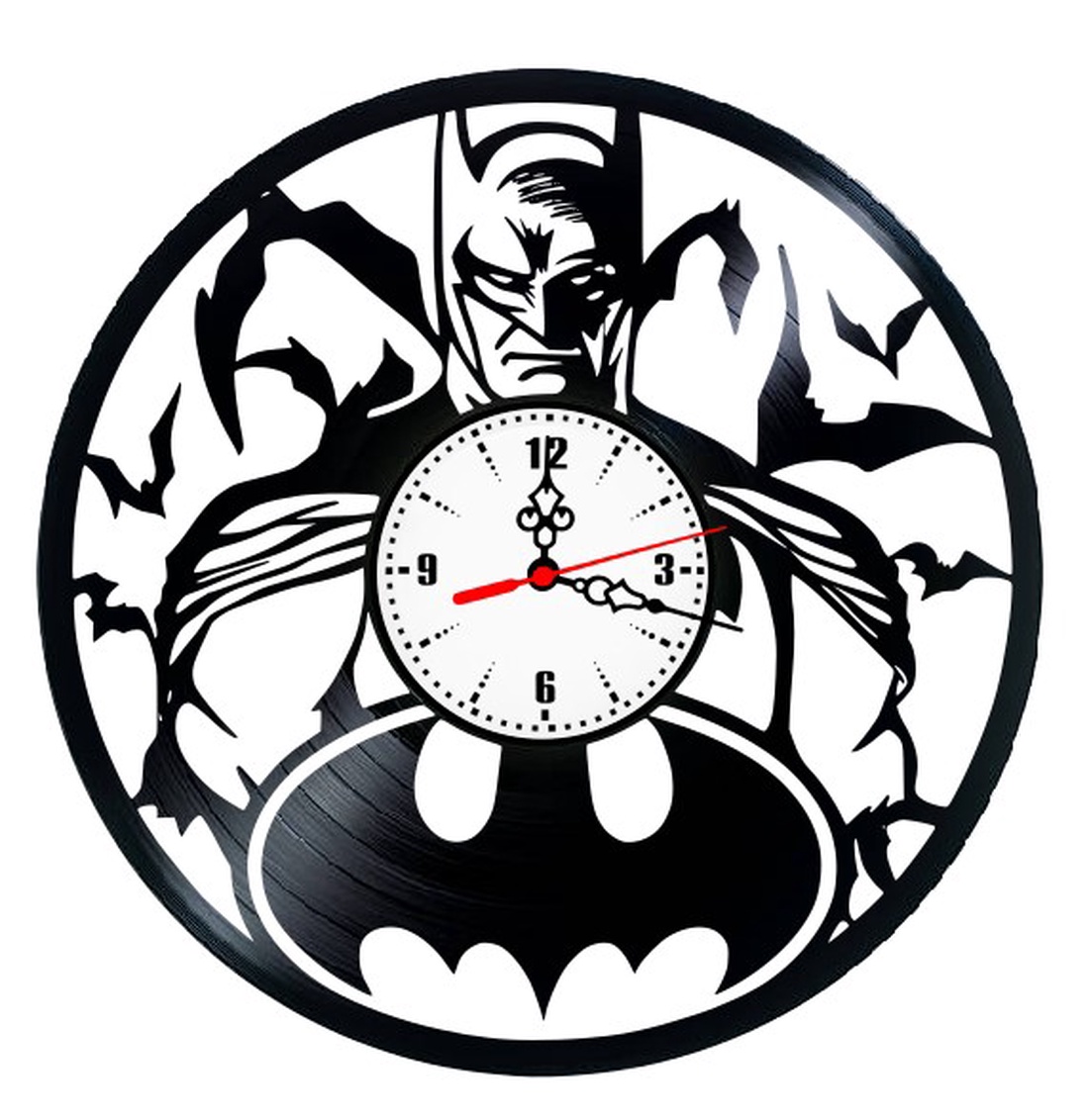 Ceas de perete decorativ realizat din disc de vinil, Model Batman Cavalerul Negru Emblema Liliac, Negru, 30 cm - casă & stil de viață - decorațiuni de casă - decorațiuni de pereți - ceasuri de perete - Artynos.ro