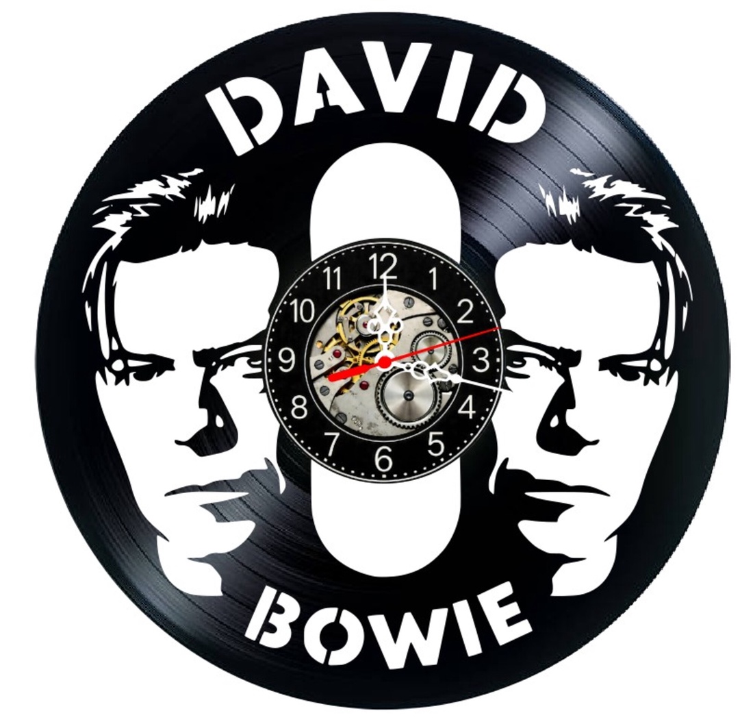Ceas de perete decorativ realizat din disc de vinil, Model David Bowie Portret Dublu Muzica Rock, Negru, 30 cm - casă & stil de viață - decorațiuni de casă - decorațiuni de pereți - ceasuri de perete - Artynos.ro