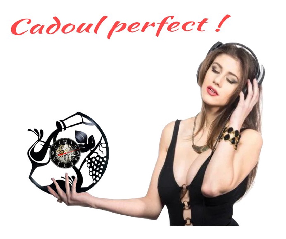 Ceas de perete decorativ realizat din disc de vinil, Model Vin Sticla Pahar Struguri Vița de Vie, Negru, 30 cm - casă & stil de viață - decorațiuni de casă - decorațiuni de pereți - ceasuri de perete - Artynos.ro