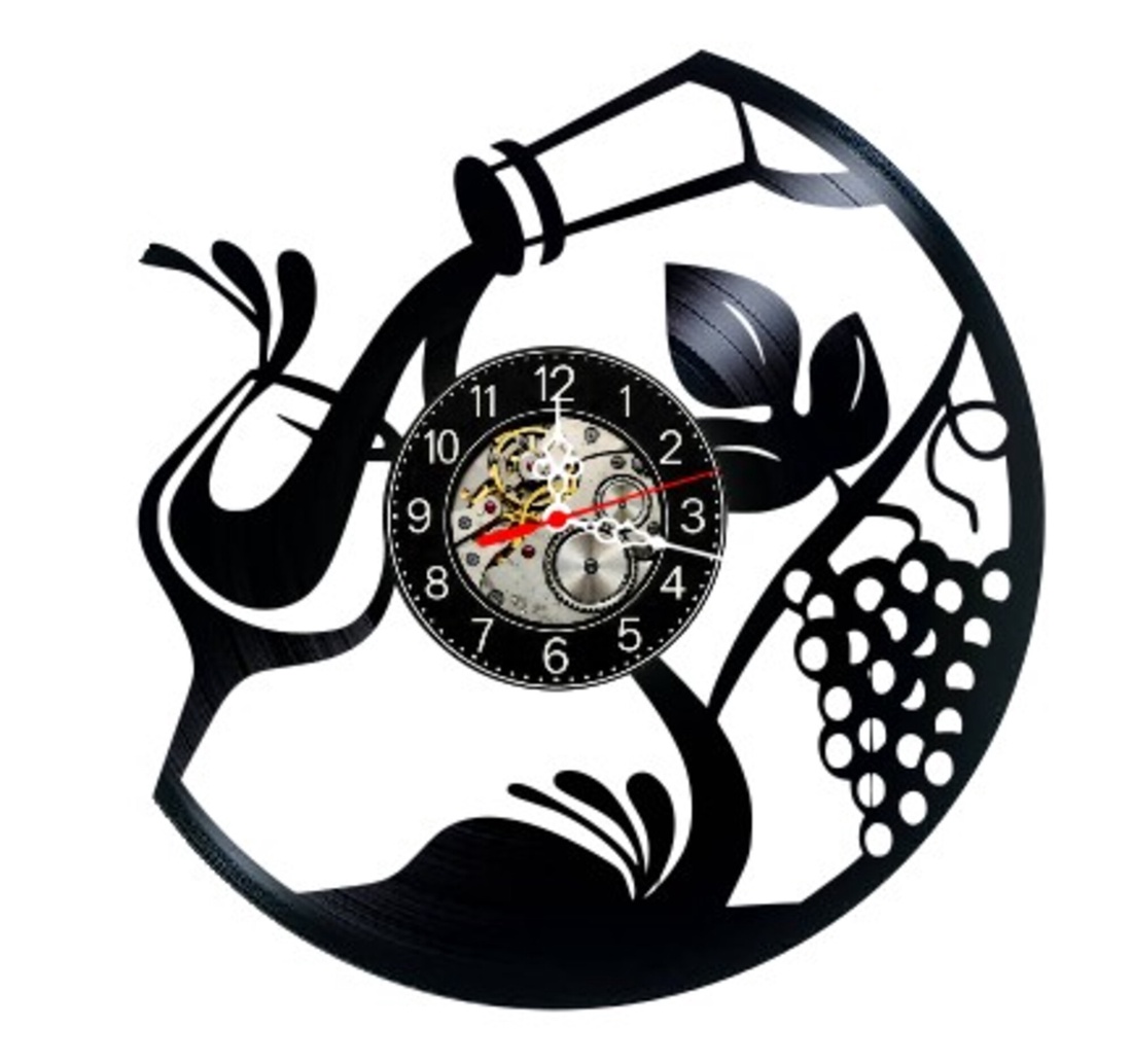 Ceas de perete decorativ realizat din disc de vinil, Model Vin Sticla Pahar Struguri Vița de Vie, Negru, 30 cm - casă & stil de viață - decorațiuni de casă - decorațiuni de pereți - ceasuri de perete - Artynos.ro