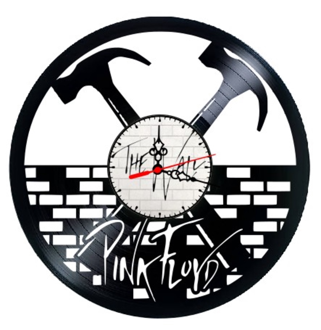 Ceas de perete decorativ realizat din disc de vinil, Model Pink Floyd The Wall Ciocane Zid Rock, Negru, 30 cm - casă & stil de viață - decorațiuni de casă - decorațiuni de pereți - ceasuri de perete - Artynos.ro