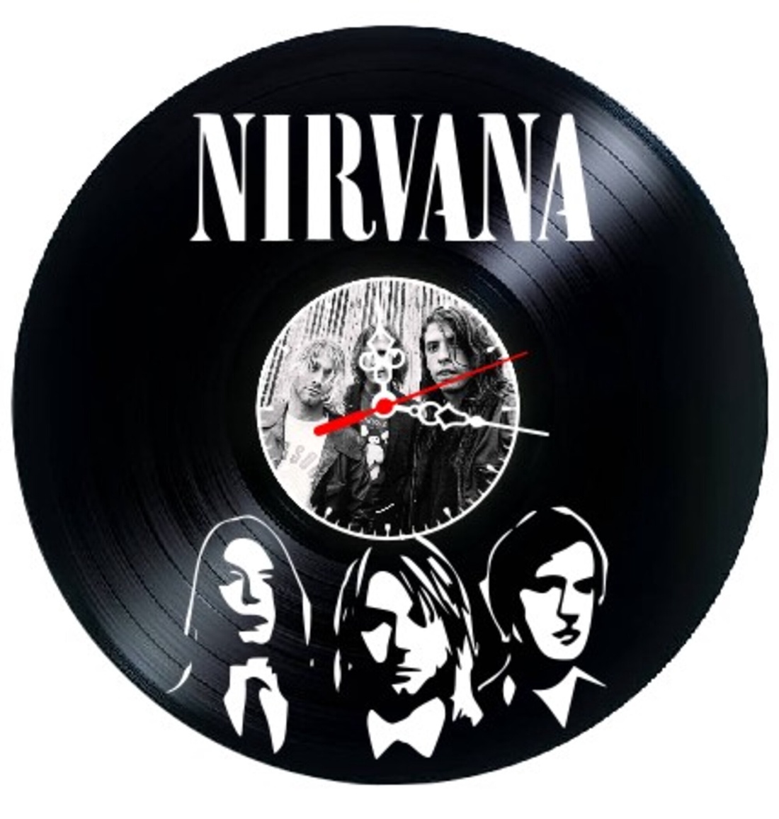 Ceas de perete decorativ realizat din disc de vinil, Model Nirvana Kurt Cobain Grunge Rock, Negru, 30 cm - casă & stil de viață - decorațiuni de casă - decorațiuni de pereți - ceasuri de perete - Artynos.ro