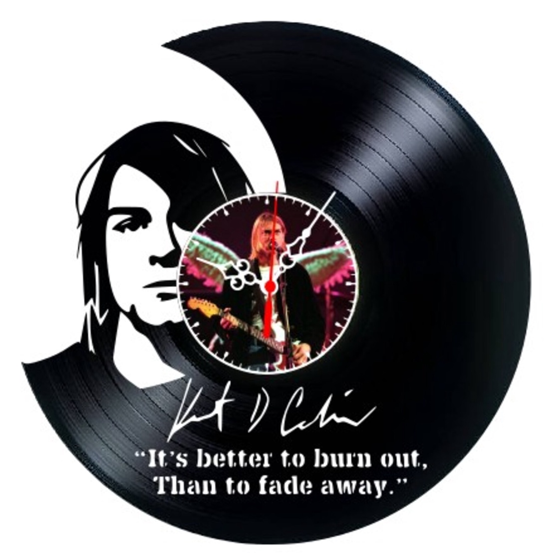 Ceas de perete decorativ realizat din disc de vinil, Model Kurt Cobain Nirvana Portret Citat Rock, Negru, 30 cm - casă & stil de viață - decorațiuni de casă - decorațiuni de pereți - ceasuri de perete - Artynos.ro