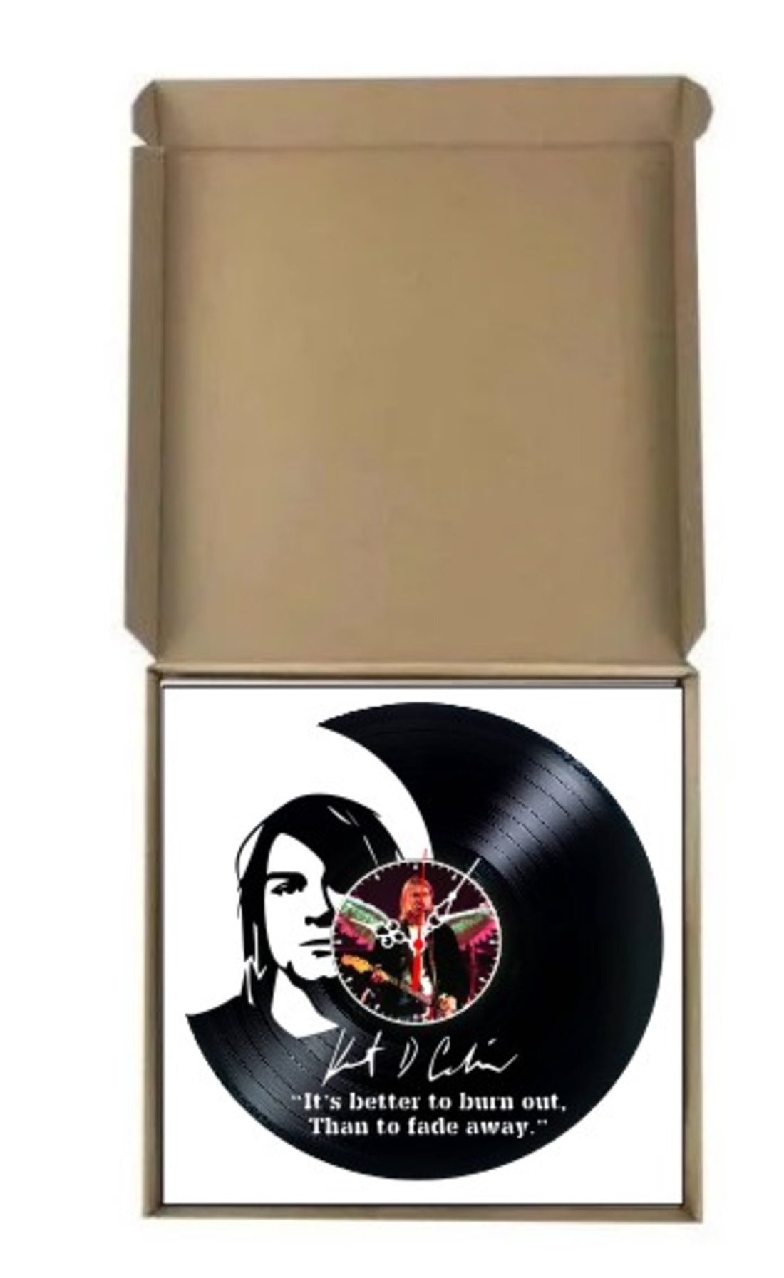 Ceas de perete decorativ realizat din disc de vinil, Model Kurt Cobain Nirvana Portret Citat Rock, Negru, 30 cm - casă & stil de viață - decorațiuni de casă - decorațiuni de pereți - ceasuri de perete - Artynos.ro