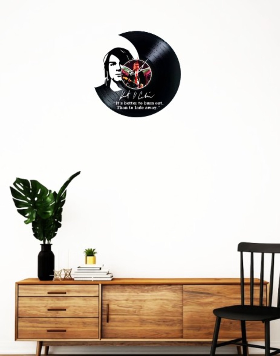 Ceas de perete decorativ realizat din disc de vinil, Model Kurt Cobain Nirvana Portret Citat Rock, Negru, 30 cm - casă & stil de viață - decorațiuni de casă - decorațiuni de pereți - ceasuri de perete - Artynos.ro