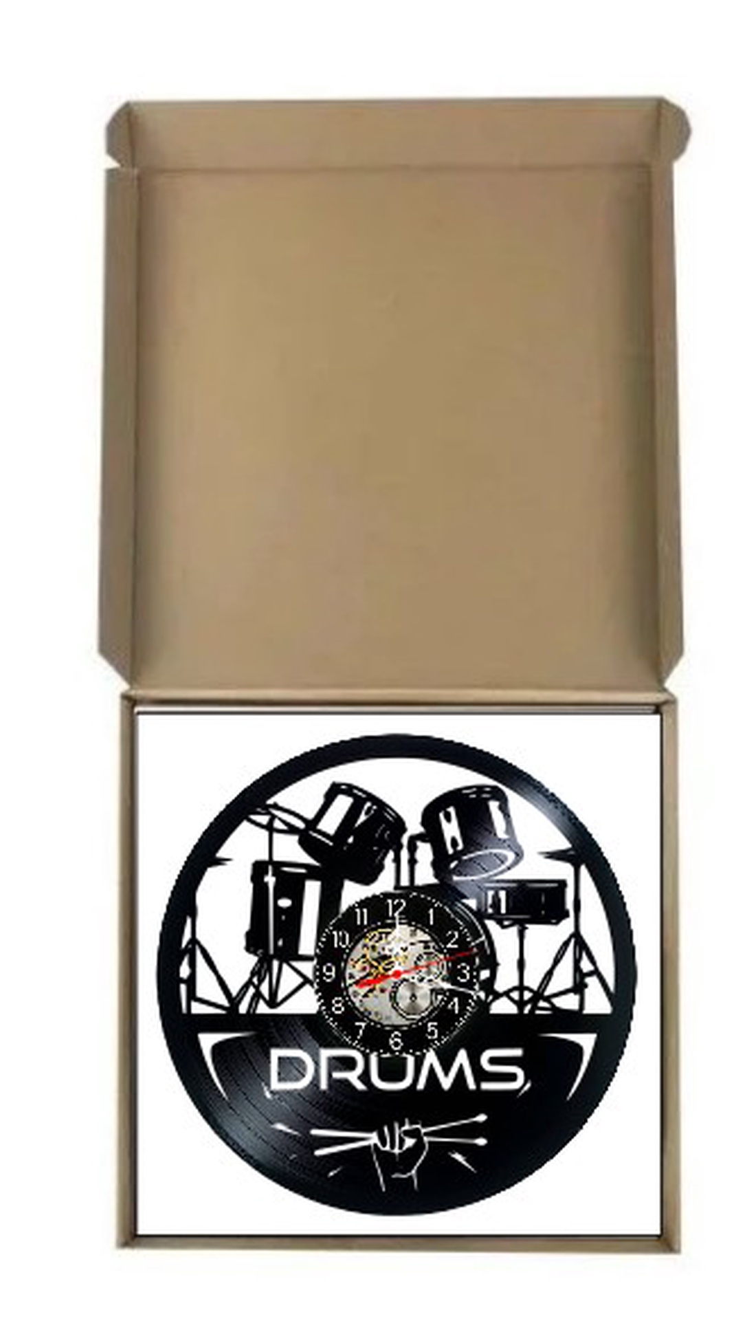 Ceas de perete decorativ realizat din disc de vinil, Model Baterie Tobe Drums Percutie Muzica, Negru, 30 cm - casă & stil de viață - decorațiuni de casă - decorațiuni de pereți - ceasuri de perete - Artynos.ro