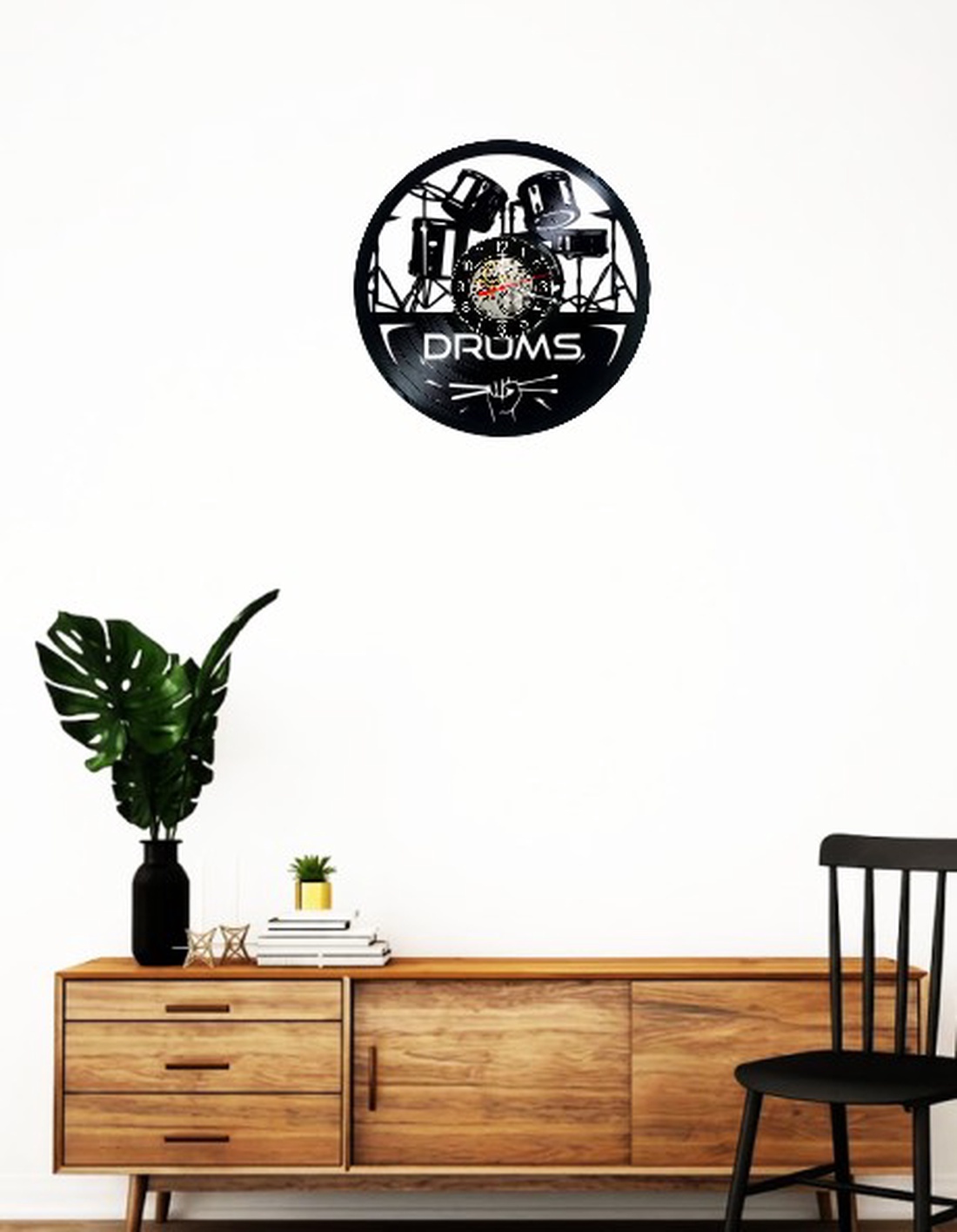 Ceas de perete decorativ realizat din disc de vinil, Model Baterie Tobe Drums Percutie Muzica, Negru, 30 cm - casă & stil de viață - decorațiuni de casă - decorațiuni de pereți - ceasuri de perete - Artynos.ro