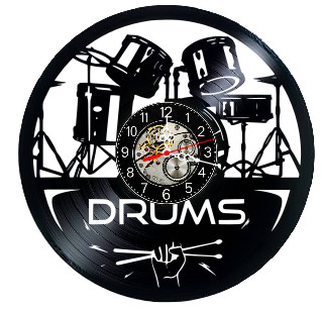 Ceas de perete decorativ realizat din disc de vinil, Model Baterie Tobe Drums Percutie Muzica, Negru, 30 cm - casă & stil de viață - decorațiuni de casă - decorațiuni de pereți - ceasuri de perete - Artynos.ro