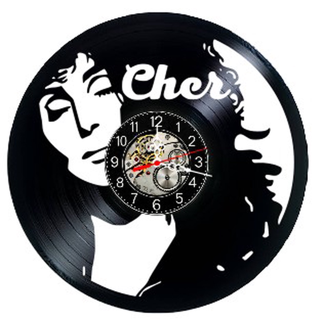 Ceas de perete decorativ realizat din disc de vinil, Model Cher Pop Icon Portret Glamour, Negru, 30 cm - casă & stil de viață - decorațiuni de casă - decorațiuni de pereți - ceasuri de perete - Artynos.ro