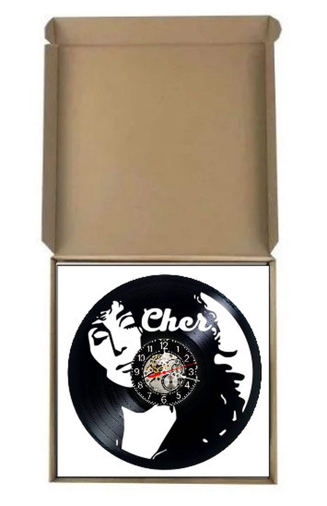 Ceas de perete decorativ realizat din disc de vinil, Model Cher Pop Icon Portret Glamour, Negru, 30 cm - casă & stil de viață - decorațiuni de casă - decorațiuni de pereți - ceasuri de perete - Artynos.ro