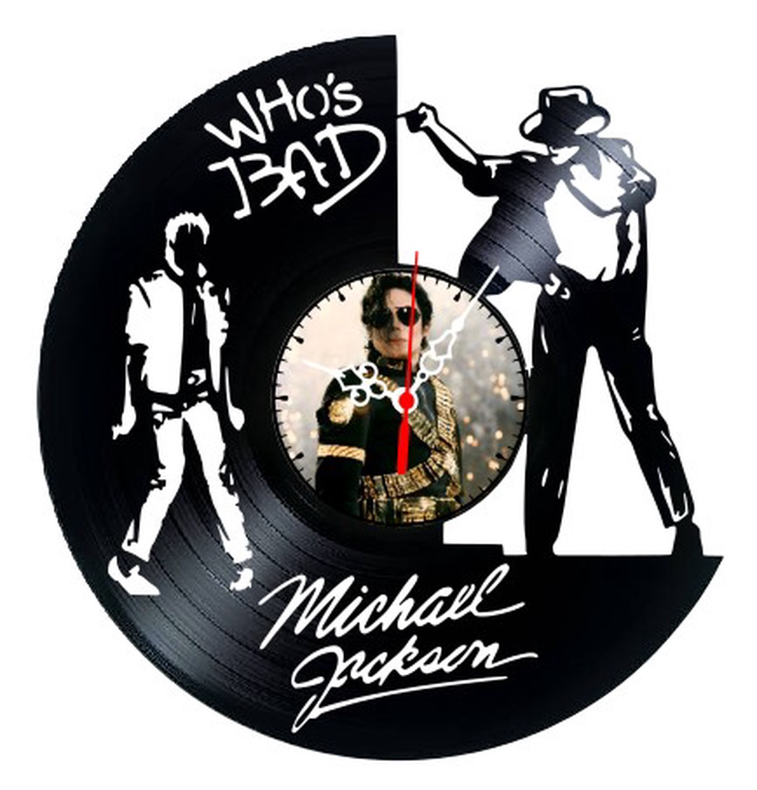 Ceas de perete decorativ realizat din disc de vinil, Model Michael Jackson Whos Bad Regele Pop, Negru, 30 cm - casă & stil de viață - decorațiuni de casă - decorațiuni de pereți - ceasuri de perete - Artynos.ro