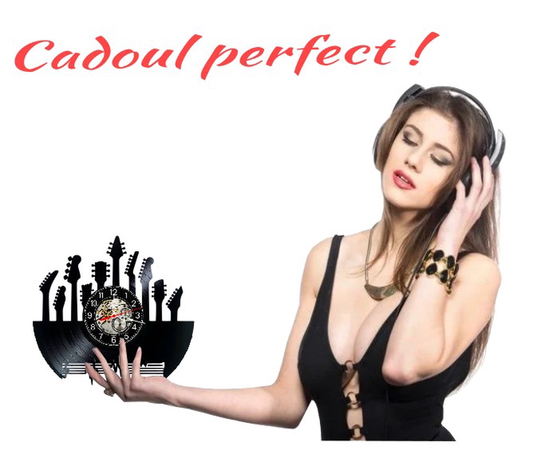 Ceas de perete decorativ realizat din disc de vinil, Model Chitari Colecție Muzică Rock, Negru, 30 cm - casă & stil de viață - decorațiuni de casă - decorațiuni de pereți - ceasuri de perete - Artynos.ro