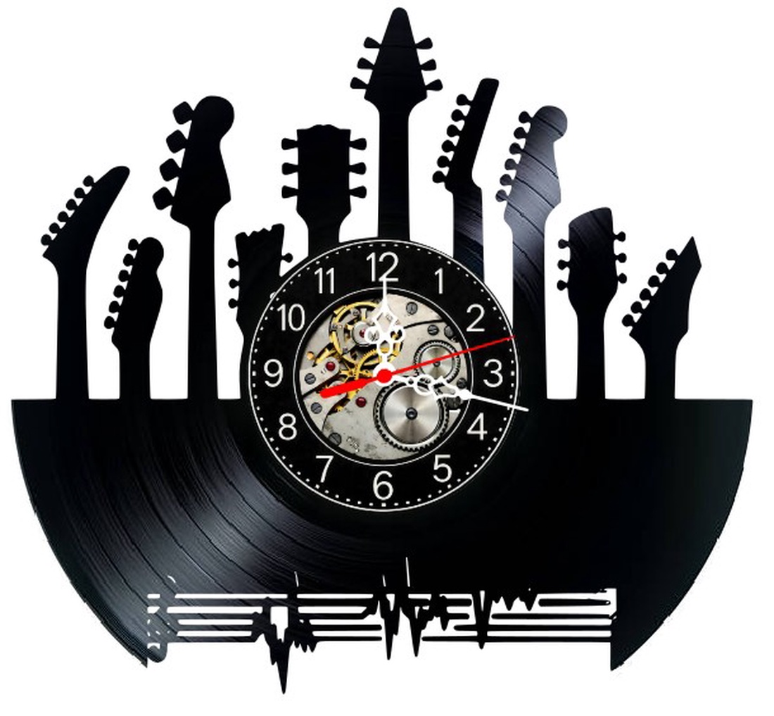 Ceas de perete decorativ realizat din disc de vinil, Model Chitari Colecție Muzică Rock, Negru, 30 cm - casă & stil de viață - decorațiuni de casă - decorațiuni de pereți - ceasuri de perete - Artynos.ro