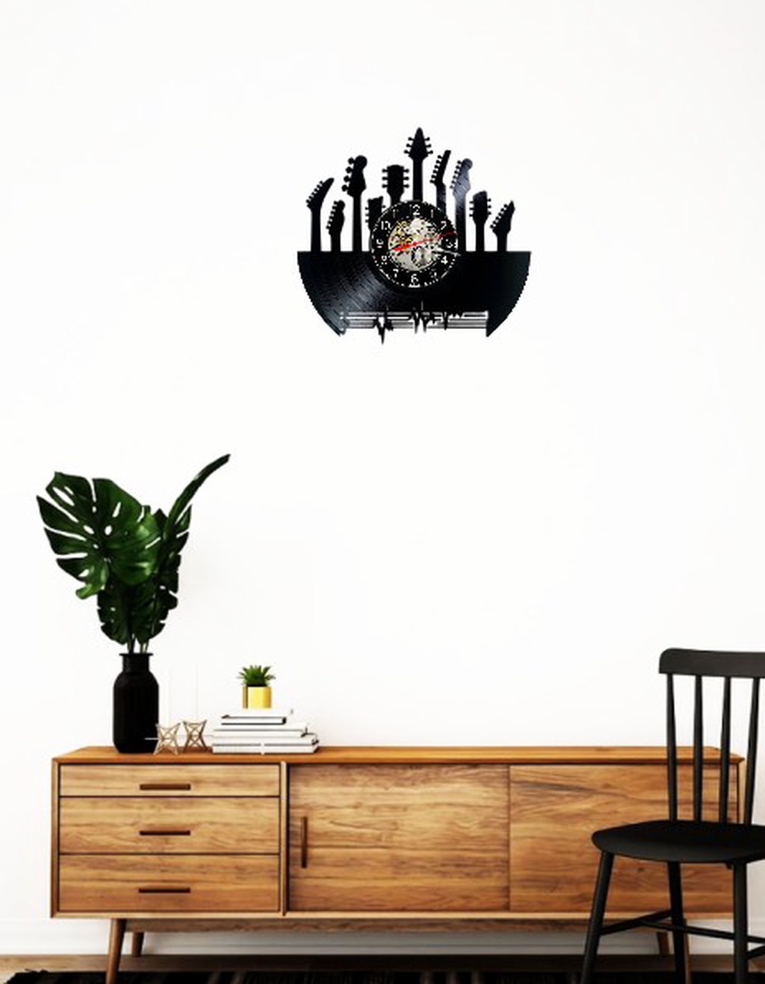 Ceas de perete decorativ realizat din disc de vinil, Model Chitari Colecție Muzică Rock, Negru, 30 cm - casă & stil de viață - decorațiuni de casă - decorațiuni de pereți - ceasuri de perete - Artynos.ro