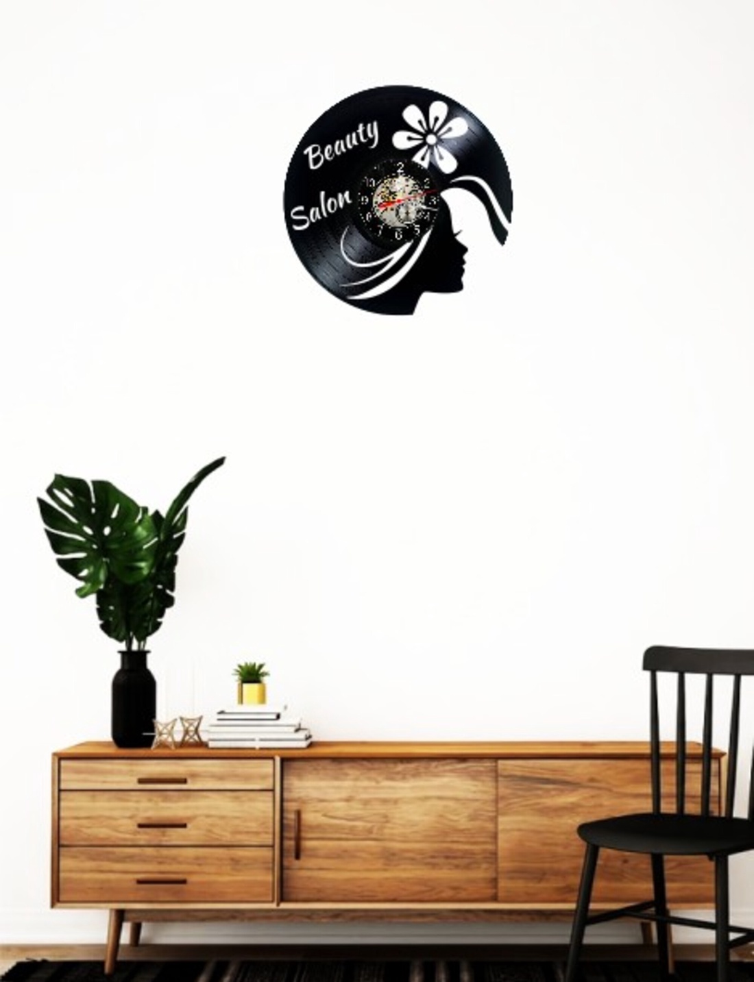 Ceas de perete decorativ realizat din disc de vinil, Model Beauty Salon Profil Femeie Floare, Negru, 30 cm - casă & stil de viață - decorațiuni de casă - decorațiuni de pereți - ceasuri de perete - Artynos.ro