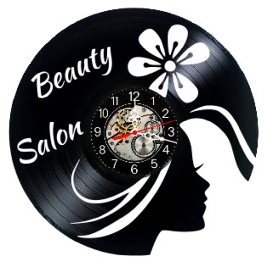 Ceas de perete decorativ realizat din disc de vinil, Model Beauty Salon Profil Femeie Floare, Negru, 30 cm - casă & stil de viață - decorațiuni de casă - decorațiuni de pereți - ceasuri de perete - Artynos.ro