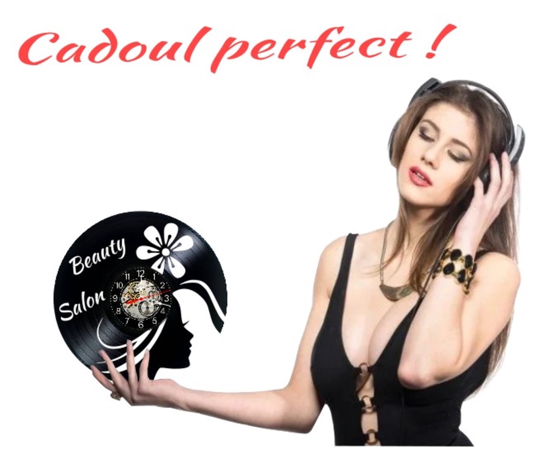 Ceas de perete decorativ realizat din disc de vinil, Model Beauty Salon Profil Femeie Floare, Negru, 30 cm - casă & stil de viață - decorațiuni de casă - decorațiuni de pereți - ceasuri de perete - Artynos.ro